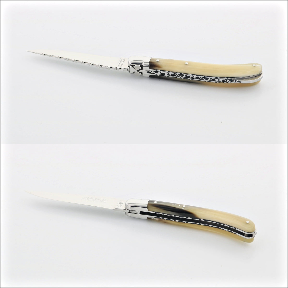 Laguiole Le Pocket Guilloche Flamed Horn Tip Handle, close-up of the handle and serrated blade. Handcrafted details, 100% Made in France.