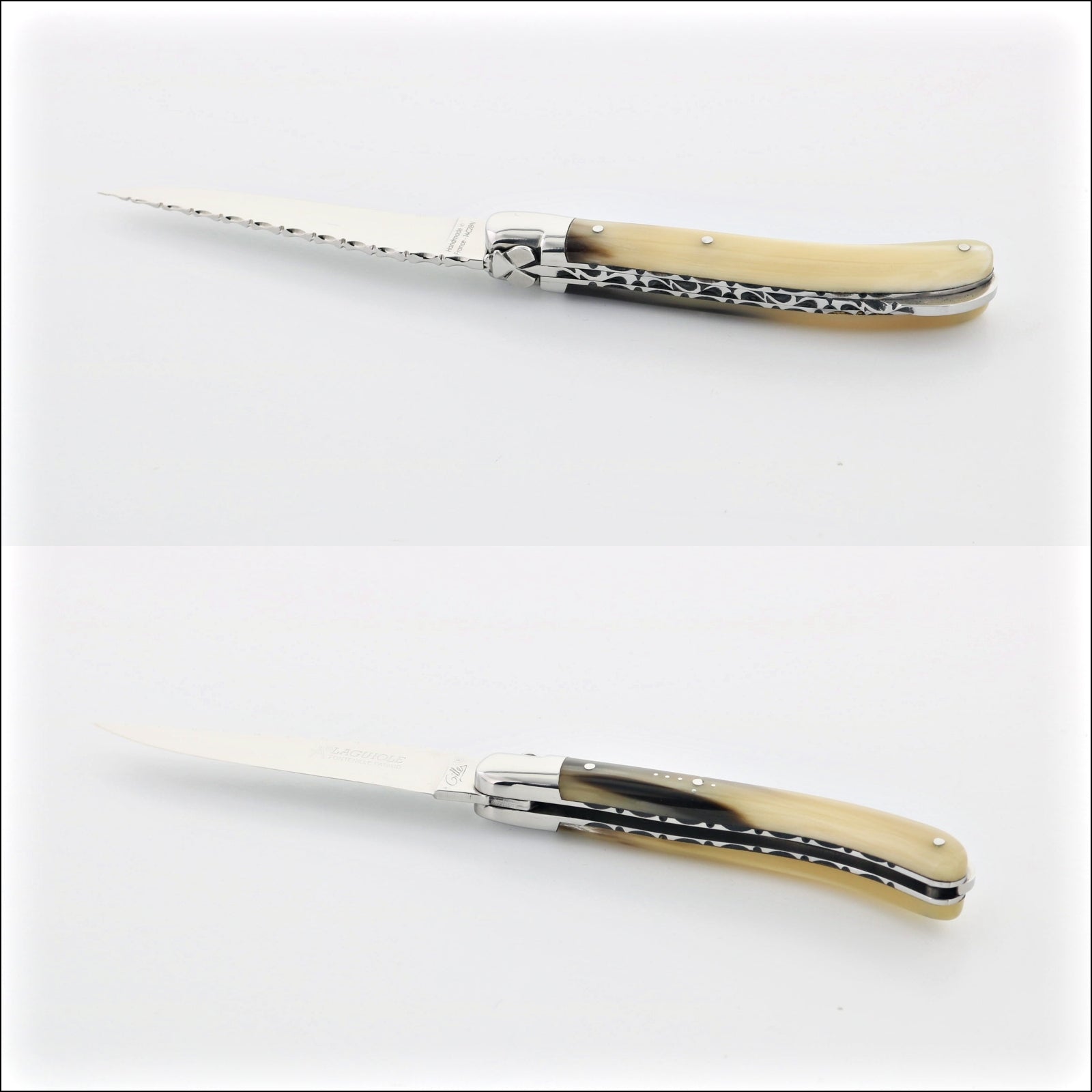Laguiole Le Pocket Guilloche Flamed Horn Tip Handle, close-up of the handle and blade. Handcrafted details, 100% Made in France.