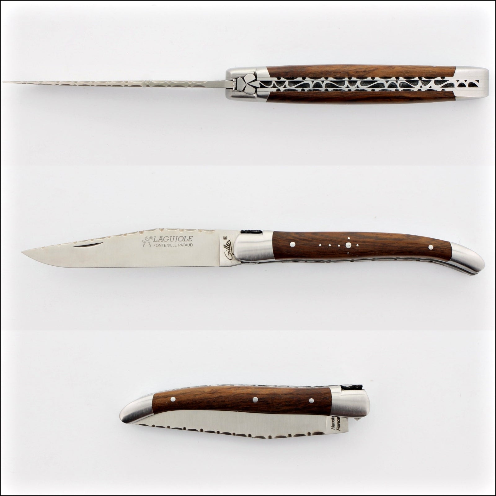 Laguiole Le Pocket Guilloche Ironwood Handle, top-down view of open blade and closed knife. Handcrafted details, 100% Made in France.