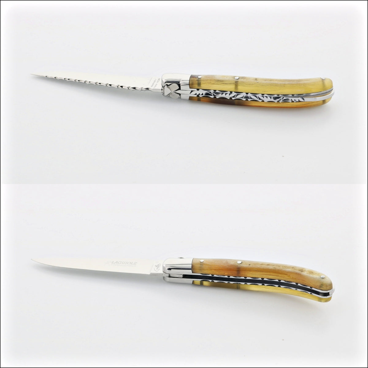 Laguiole Le Pocket Guilloche Ram Horn Handle, close-up of two knives, one serrated, one plain. Handcrafted details, 100% Made in France.