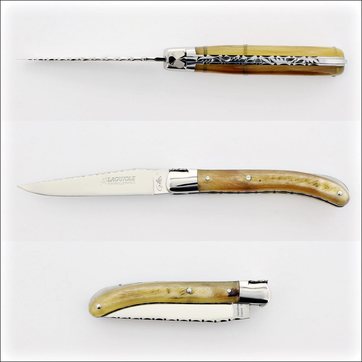 Laguiole Le Pocket Guilloche Ram Horn Handle, close-up of the serrated blade and natural horn handle. Handcrafted details, 100% Made in France.