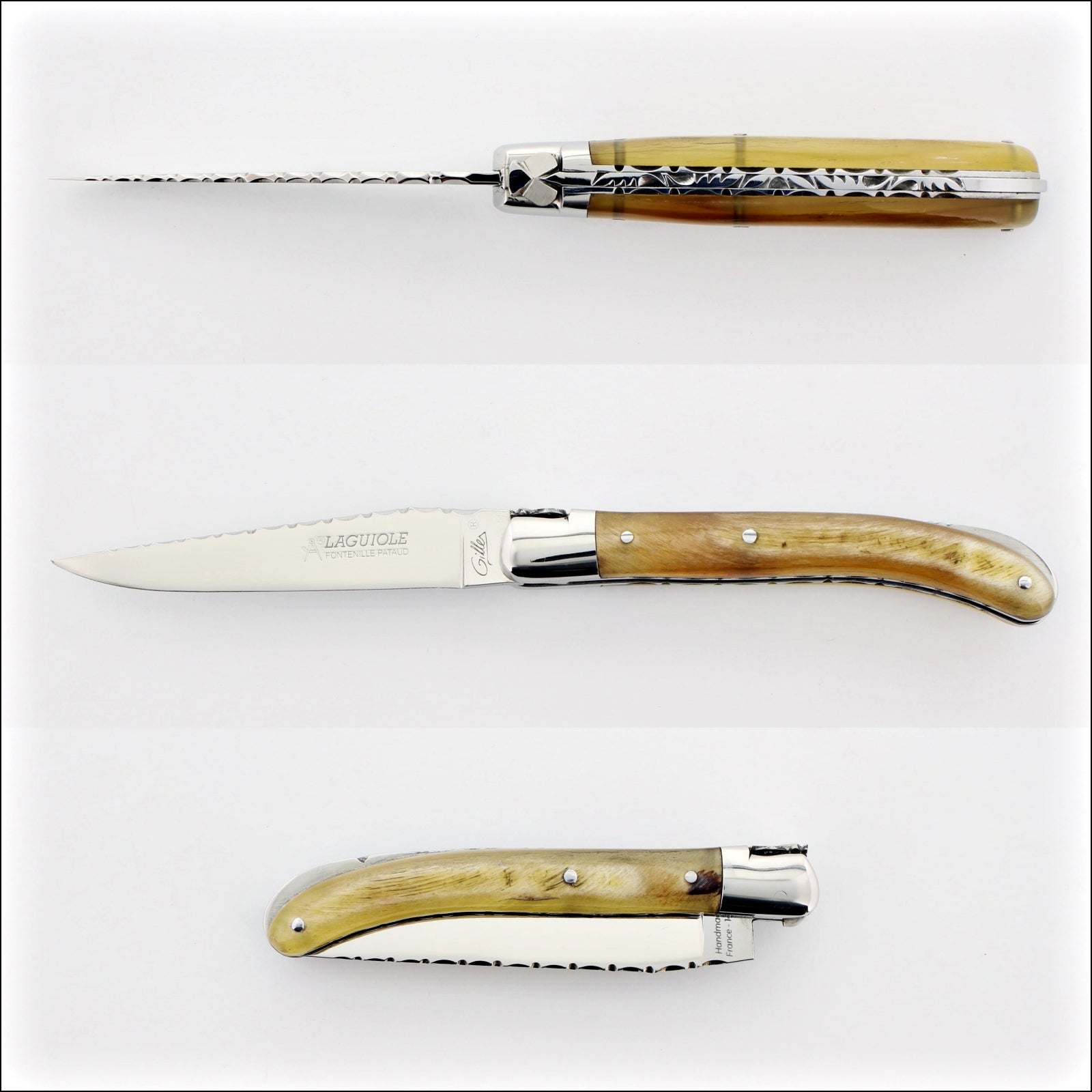 Laguiole Le Pocket Guilloche Ram Horn Handle, close-up of the serrated blade and natural horn handle. Handcrafted details, 100% Made in France.