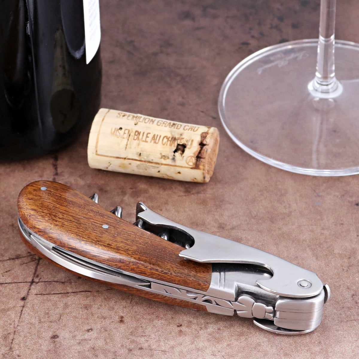 Laguiole Magnum Desert Ironwood Corkscrew, side view of polished steel and rich brown wood handle.