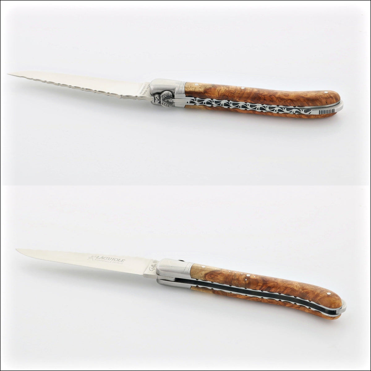 Laguiole Nature Guilloche Amboyna Burl pocket knife, top-down view. Handcrafted details, 100% Made in France.