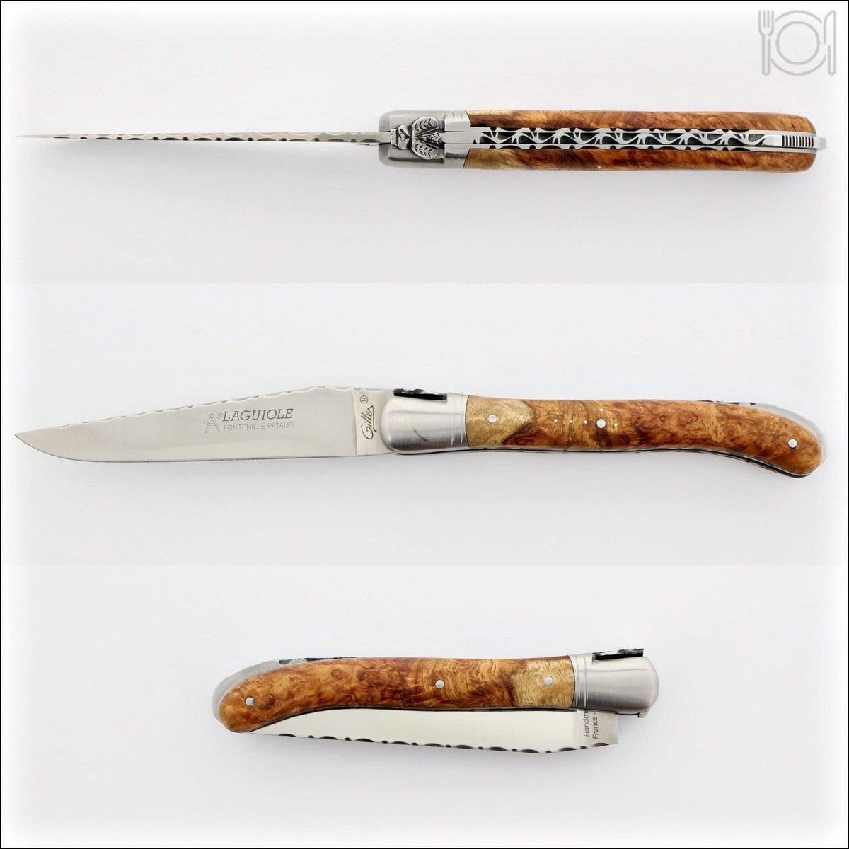 Laguiole Nature Guilloche Amboyna Burl pocket knife, top-down view of the ornate spring and handle. Handcrafted details, 100% Made in France.