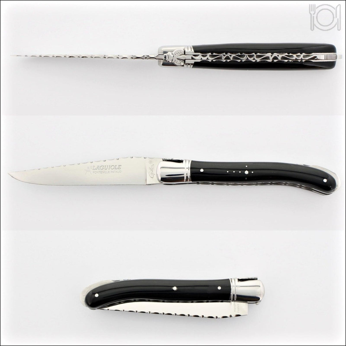 Laguiole Nature Guilloche Black Horn Tip Handle, three-panel view of open and closed knife. Handcrafted details, 100% Made in France.