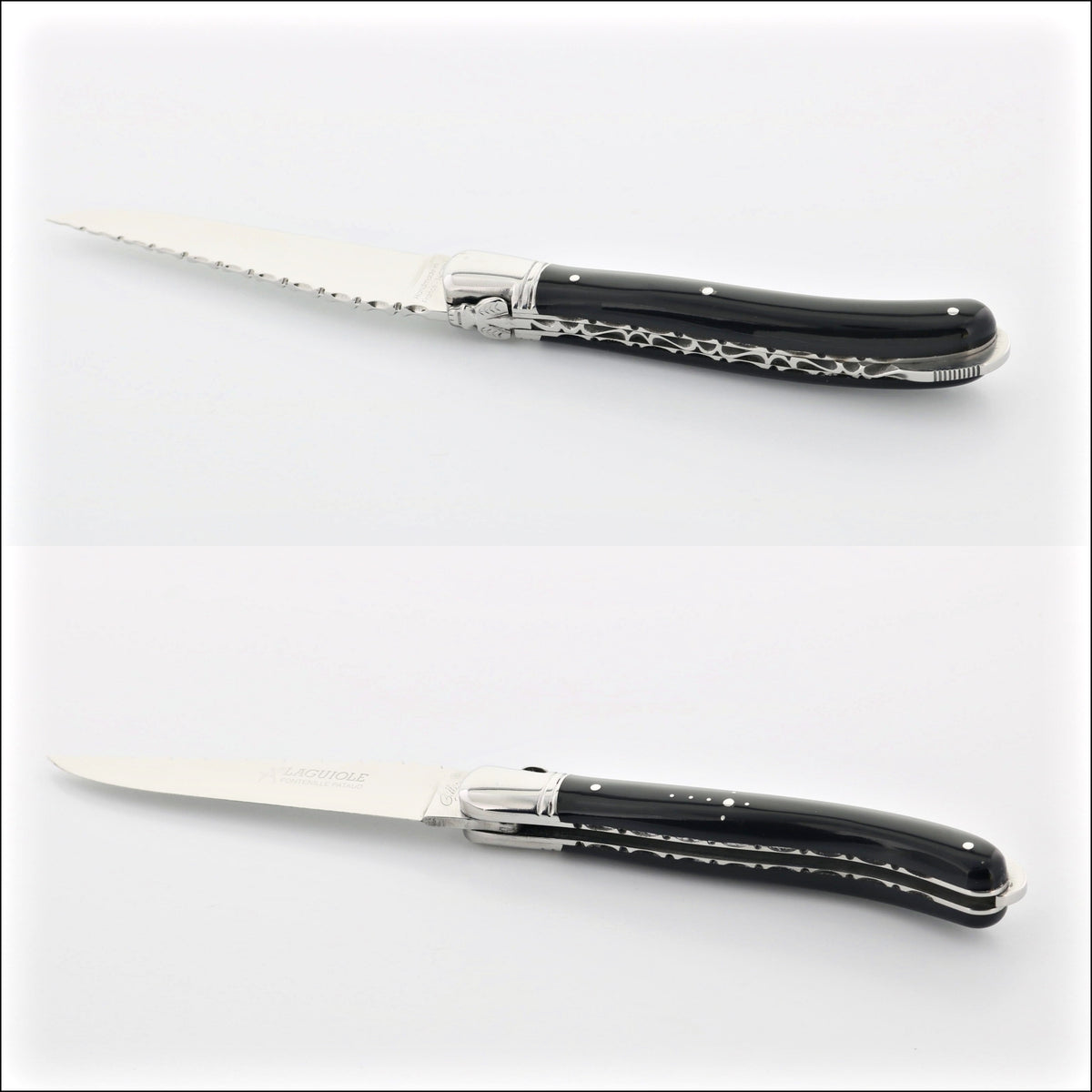 Laguiole Nature Guilloche Black Horn Tip Handle pocket knife, side view. Handcrafted details, 100% Made in France.