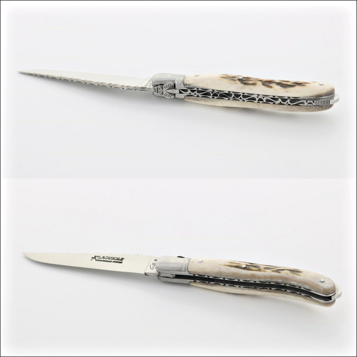Laguiole Nature Guilloche Deer Stag Handle, close-up of the serrated blade and natural bone handle. Handcrafted details, 100% Made in France.