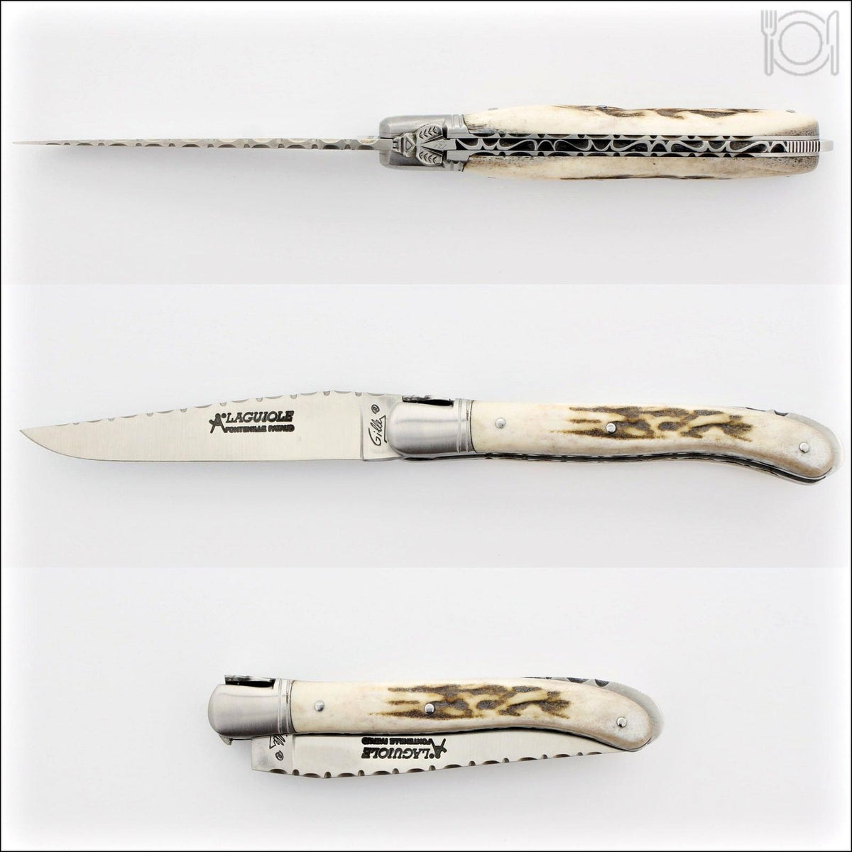 Laguiole Nature Guilloche Deer Stag Handle, side view of open pocket knife. Handcrafted details, 100% Made in France.