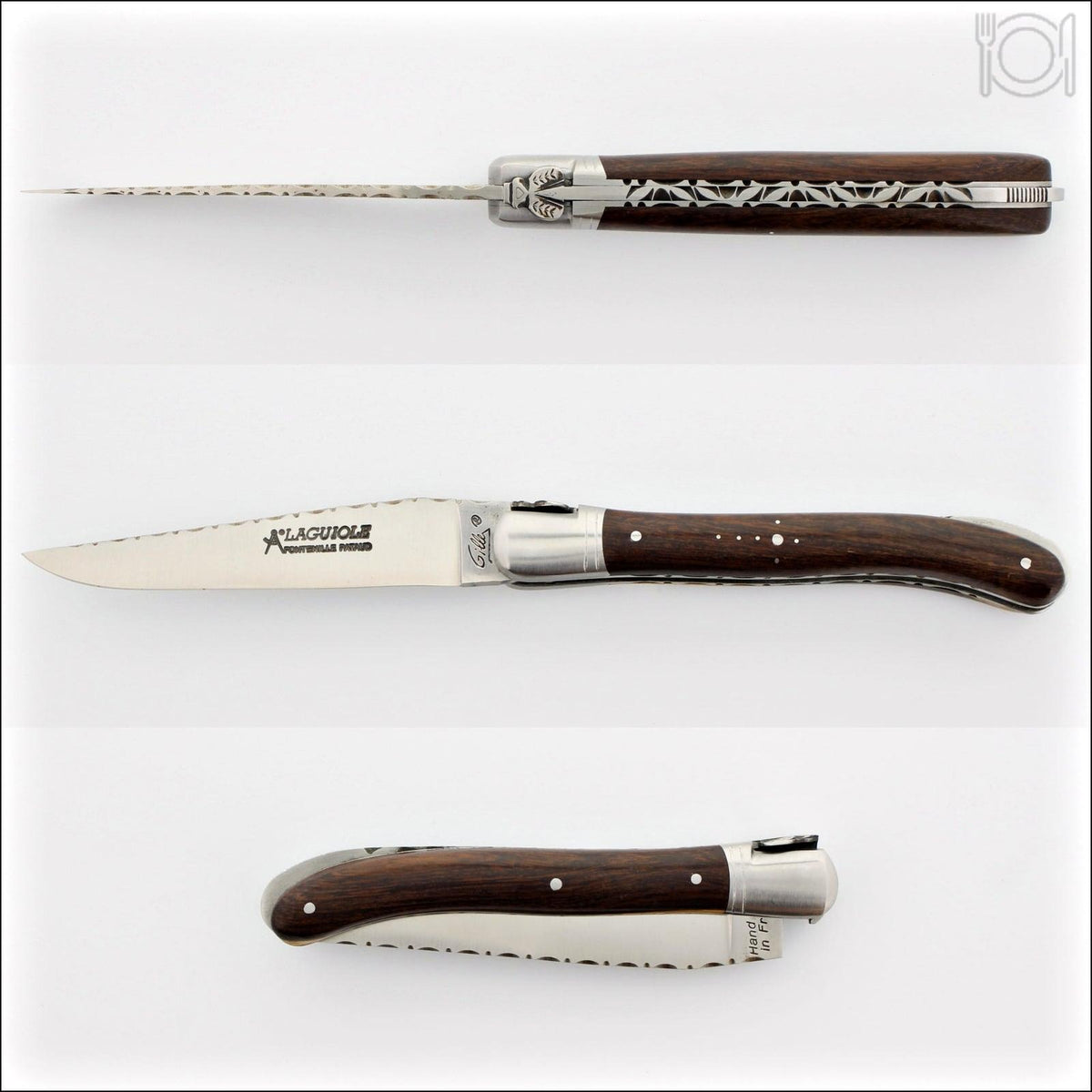 Laguiole Nature Guilloche Desert Ironwood pocket knife, side view. Handcrafted details, 100% Made in France.