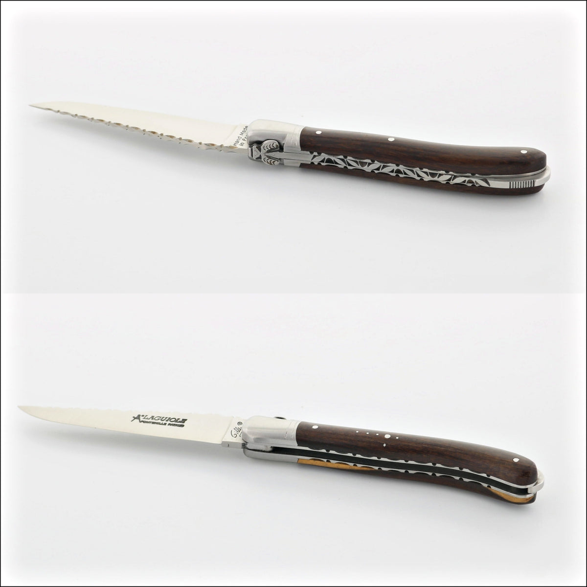 Laguiole Nature Guilloche Desert Ironwood pocket knife, close-up side view of the dark wood handle with engraved metal details. Handcrafted details, 100% Made in France.