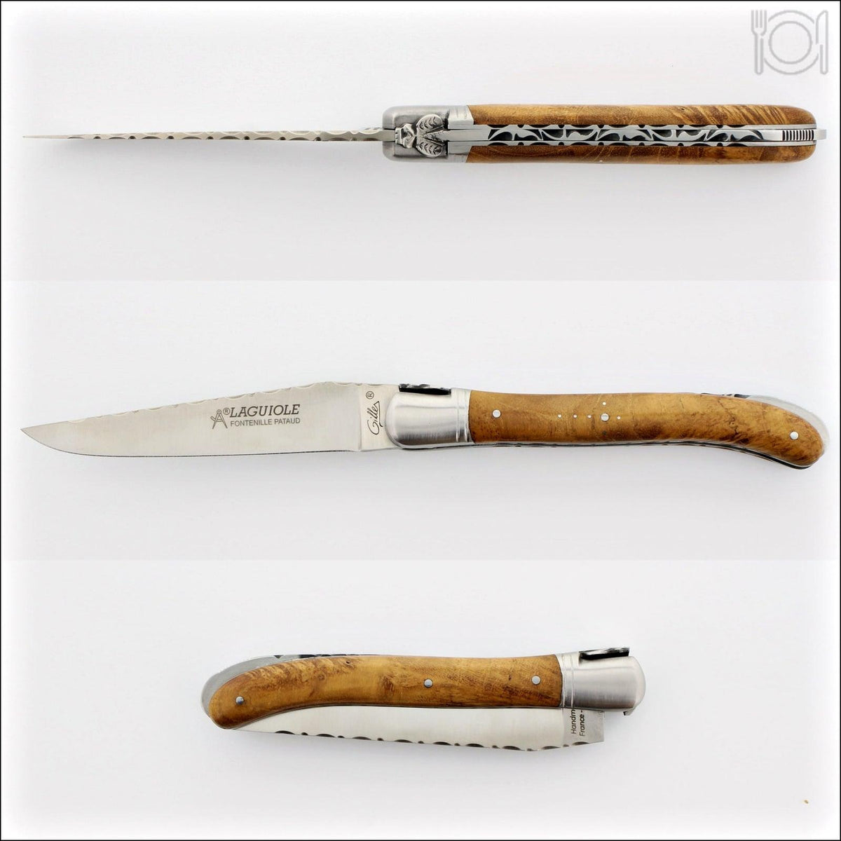 Laguiole Nature Guilloche Poplar Burl, side view of open knife with decorative spine. Handcrafted details, 100% Made in France.