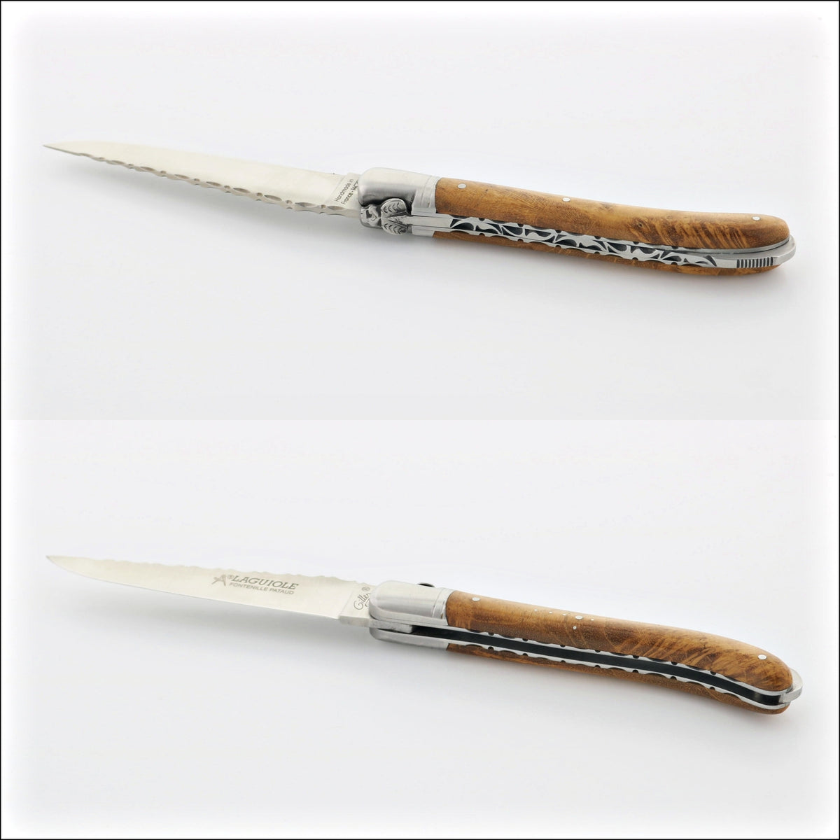 Laguiole Nature Guilloche Poplar Burl pocket knife, close-up of handle and blade. Handcrafted details, 100% Made in France.