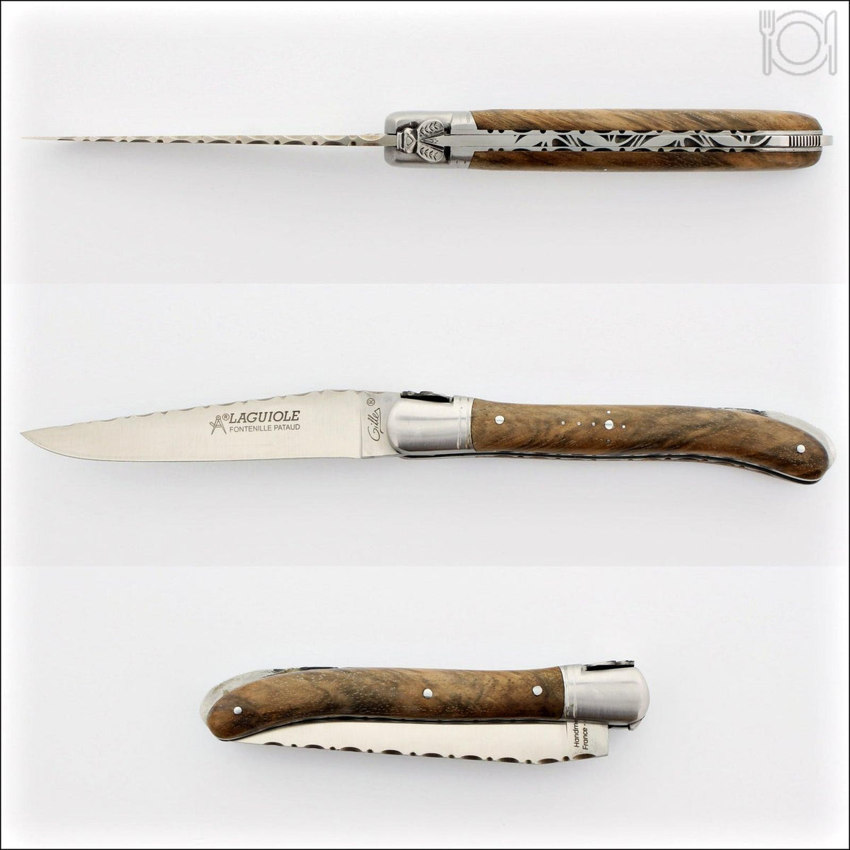 Laguiole Nature Guilloche Walnut Handle, close-up of the handle and blade. Handcrafted details, 100% Made in France.