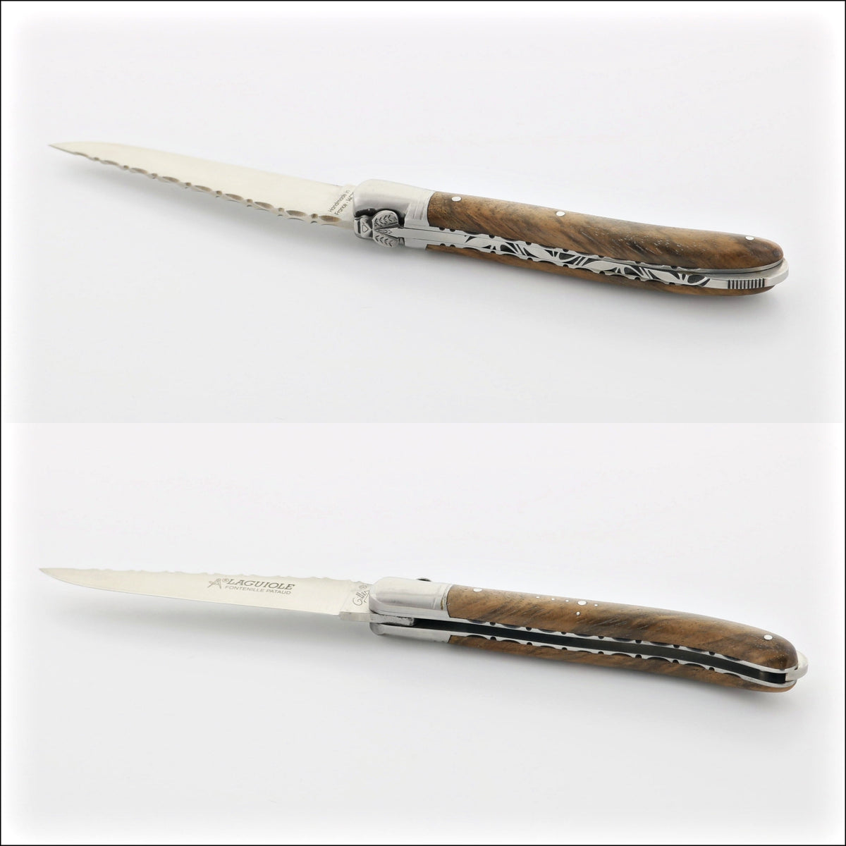 Laguiole Nature Guilloche Walnut Handle, close-up of serrated blade and detailed walnut handle. Handcrafted details, 100% Made in France.