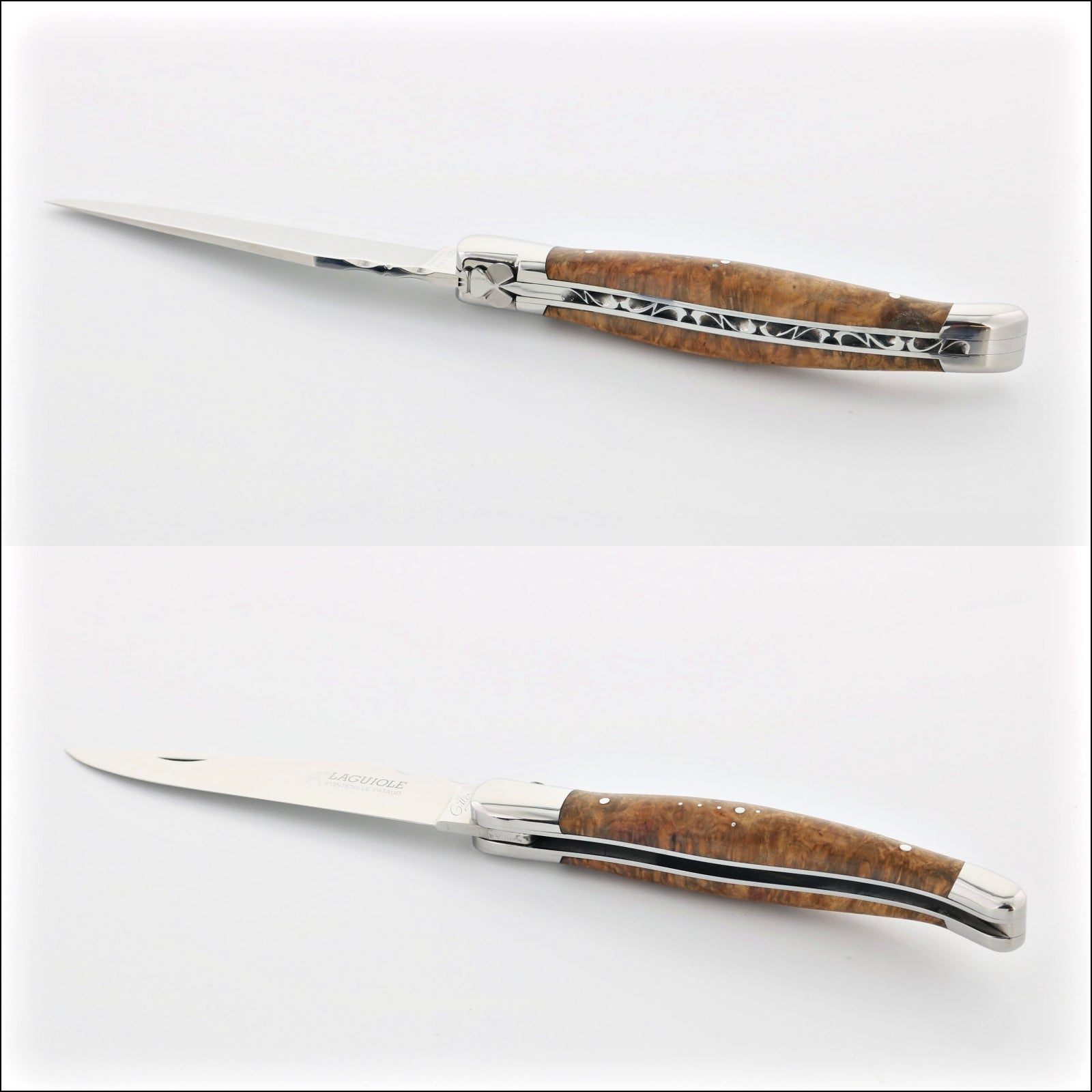 Laguiole Traditional 12 cm Knife Amboyna Burl, side view, open and closed. Handcrafted details, 100% Made in France.