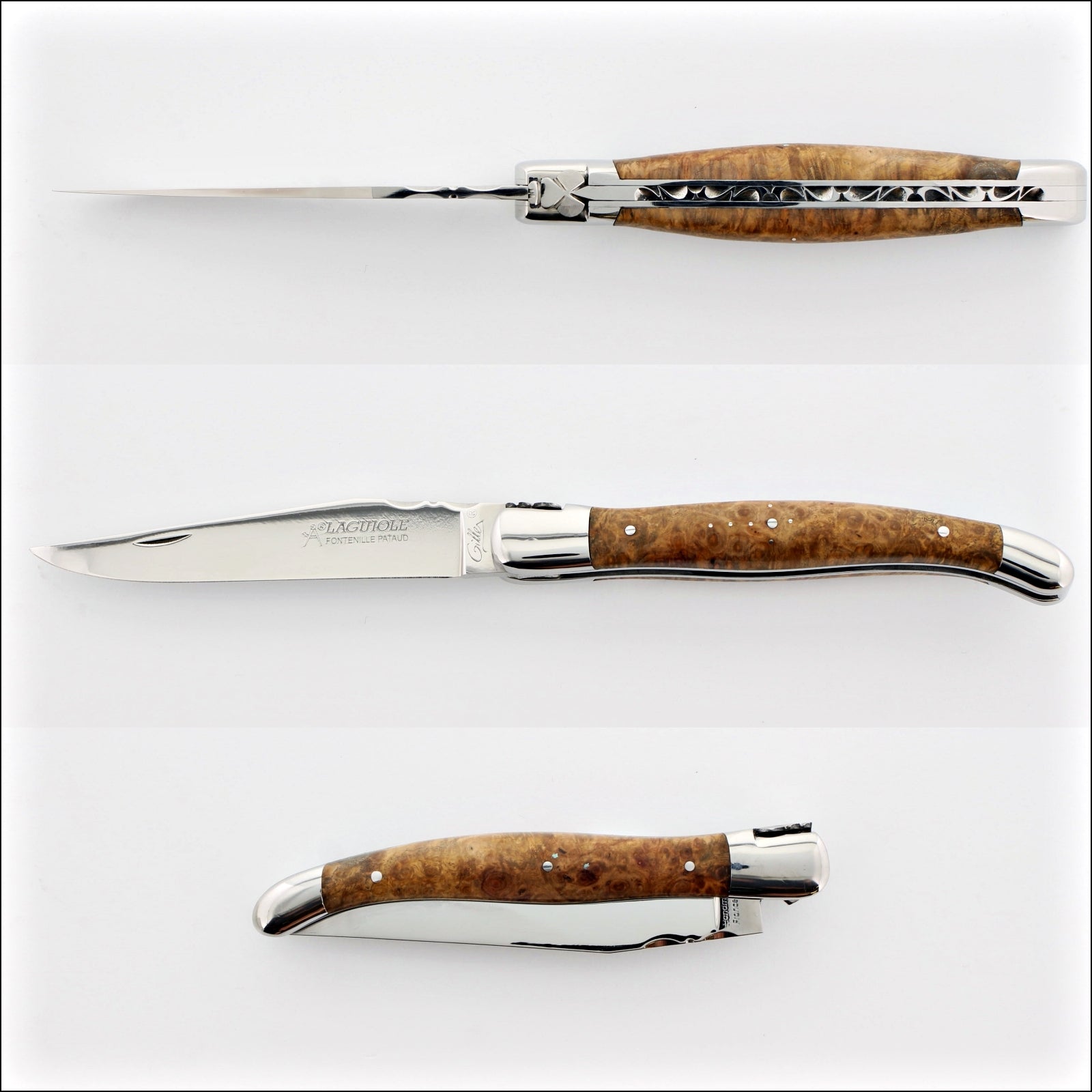 Laguiole Traditional 12 cm Knife Amboyna Burl, side view, open and closed. Handcrafted details, 100% Made in France.