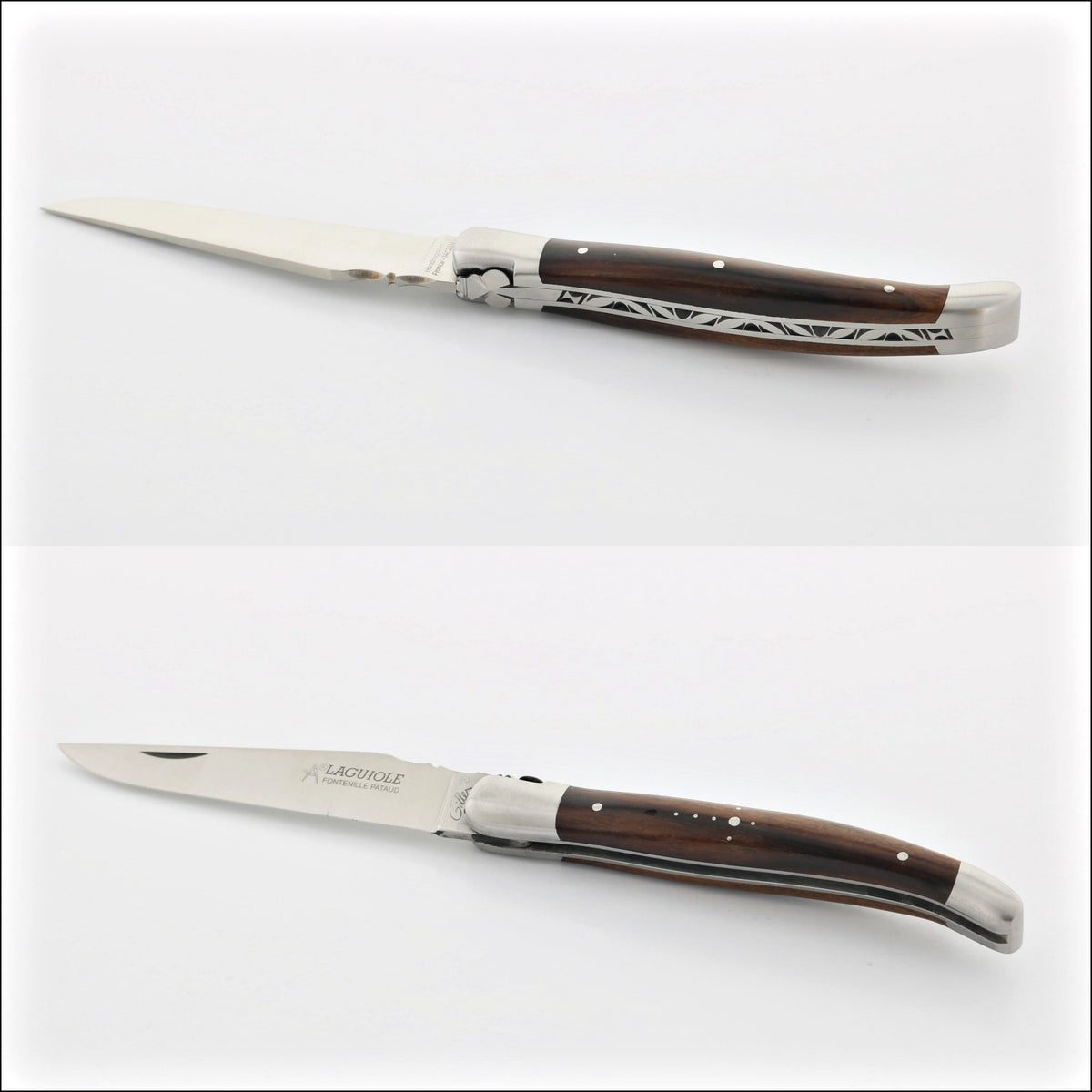 Laguiole Traditional 12 cm Knife Ironwood, top-down view of the open knife with dark wood handle and metal details. Handcrafted details, 100% Made in France.