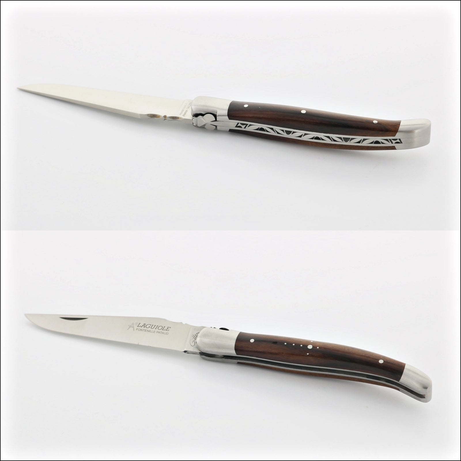 Laguiole Traditional 12 cm Knife Ironwood. Top-down view of the open knife, showcasing the dark ironwood handle with decorative metal inlays and the polished stainless steel blade. Handcrafted details, 100% Made in France.