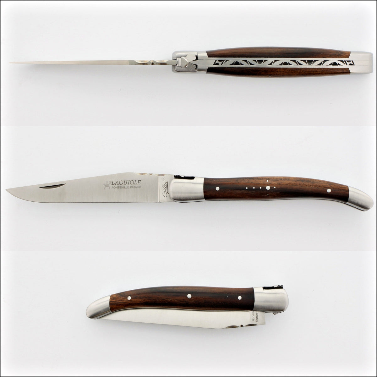 Laguiole Traditional 12 cm Knife Ironwood. Top-down view of the open knife, showcasing the dark ironwood handle with decorative metal inlays and the polished stainless steel blade. Handcrafted details, 100% Made in France.