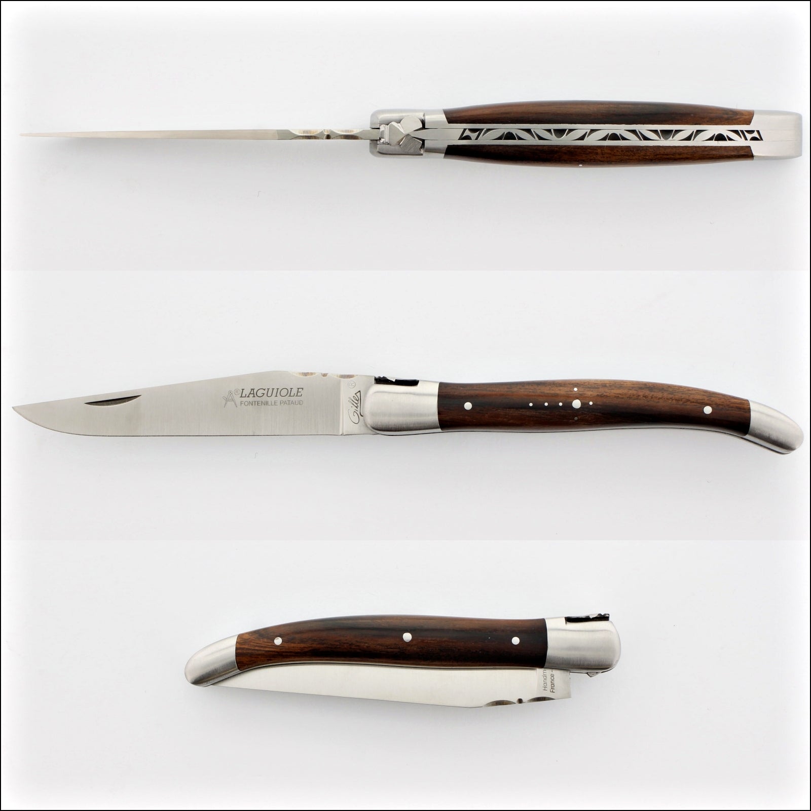 Laguiole Traditional 12 cm Knife Ironwood. Top-down view of the open knife, showcasing the dark ironwood handle with decorative metal inlays and the polished stainless steel blade. Handcrafted details, 100% Made in France.