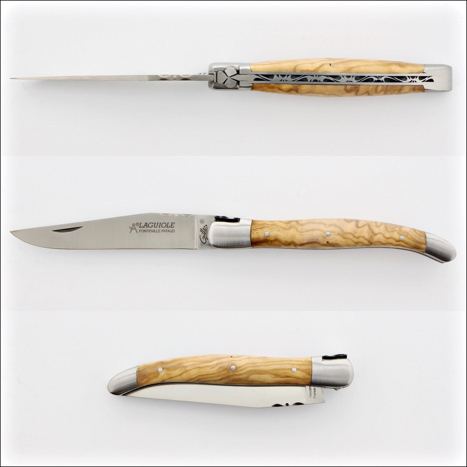 Laguiole Traditional 12 cm Knife Olive Wood. Side view, open and closed. Handcrafted details, 100% Made in France.