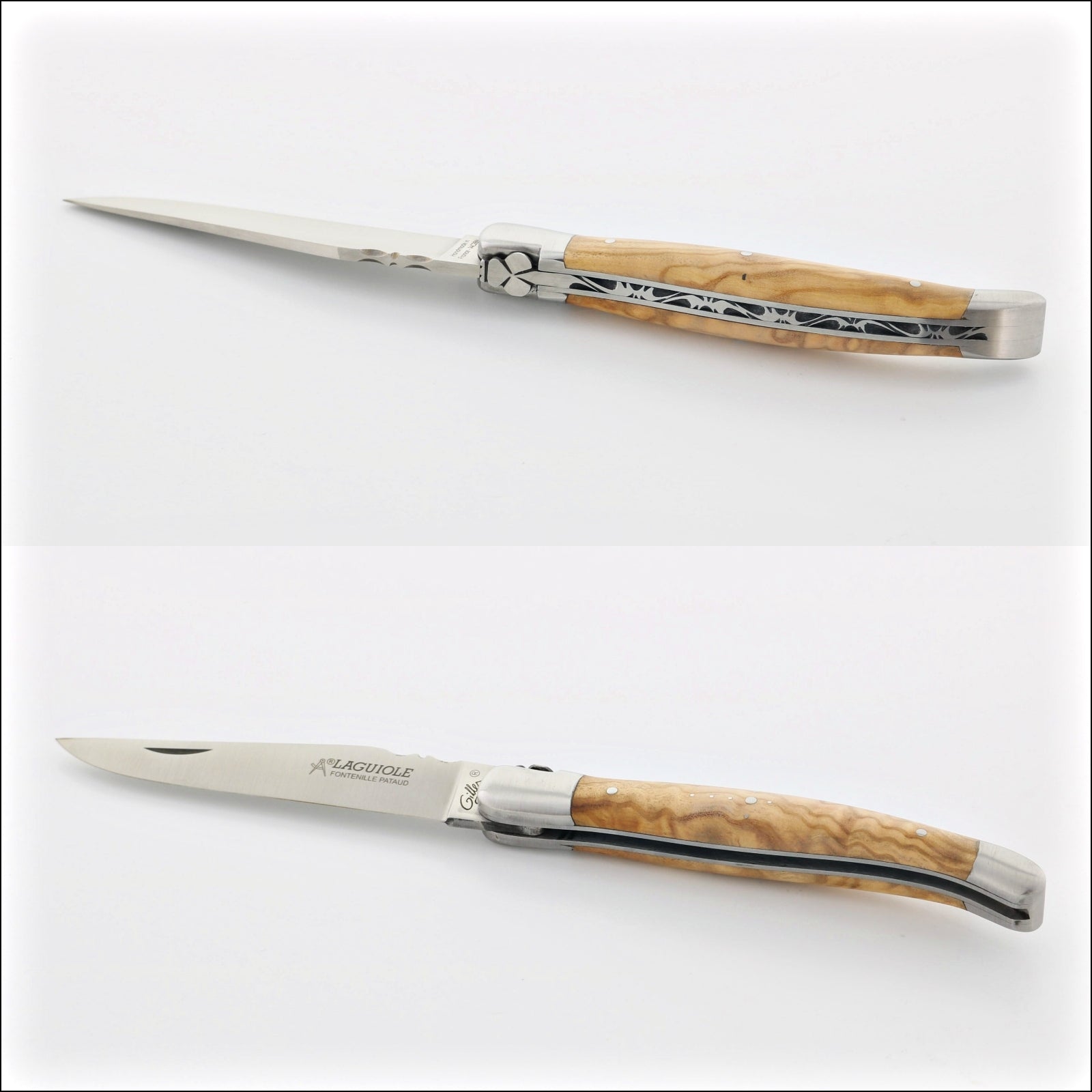 Laguiole Traditional 12 cm Knife Olive Wood. Side view, open and closed. Handcrafted details, 100% Made in France.