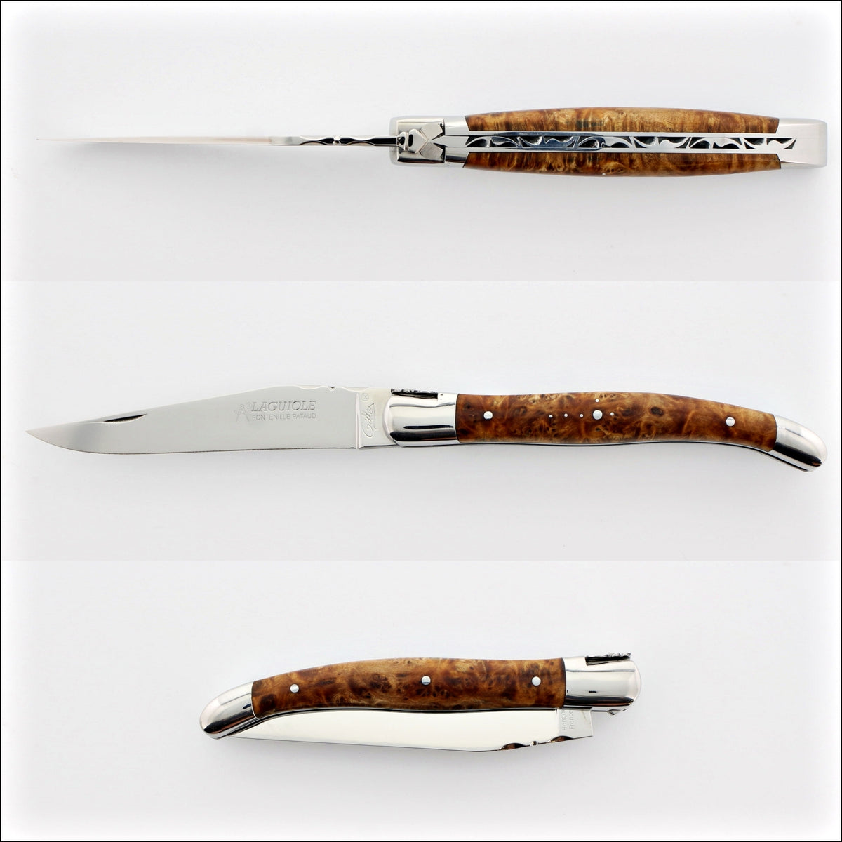 Laguiole Traditional 12 cm Knife Thuya. Side view of the open and closed pocket knife, showing the Thuya wood handle and polished stainless steel blade. Handcrafted details, 100% Made in France.