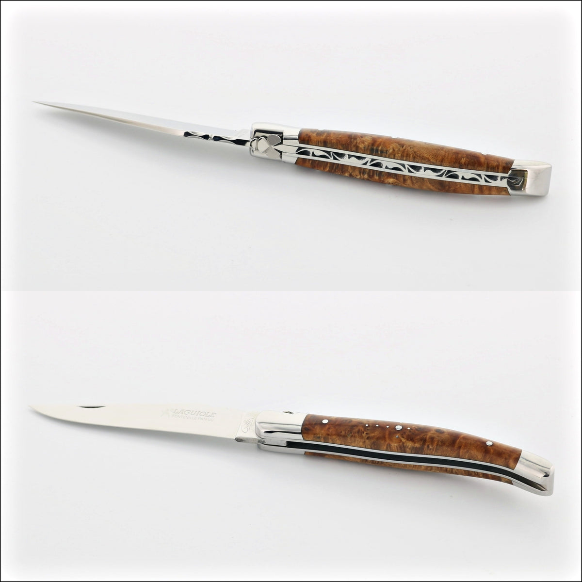 Laguiole Traditional 12 cm Knife Thuya, close-up of open and closed pocket knife with Thuya wood handle. Handcrafted details, 100% Made in France.