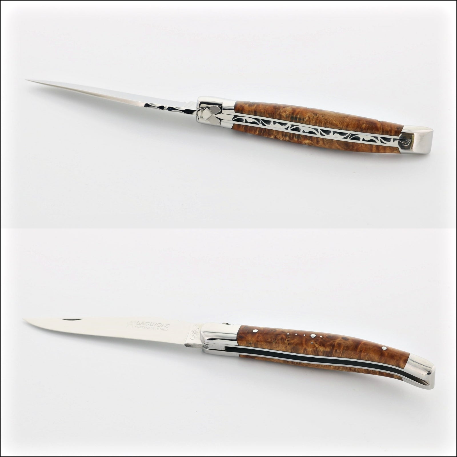 Laguiole Traditional 12 cm Knife Thuya. Side view of the open and closed pocket knife, showing the Thuya wood handle and polished stainless steel blade. Handcrafted details, 100% Made in France.