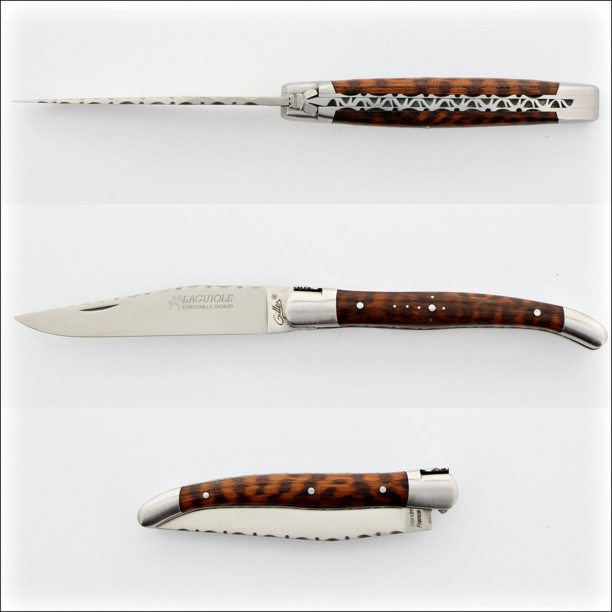 Laguiole Traditional Knife 11 cm Guilloche Amourette, top-down view of the open knife, showing the dark wood handle and serrated spine. Handcrafted details, 100% Made in France.