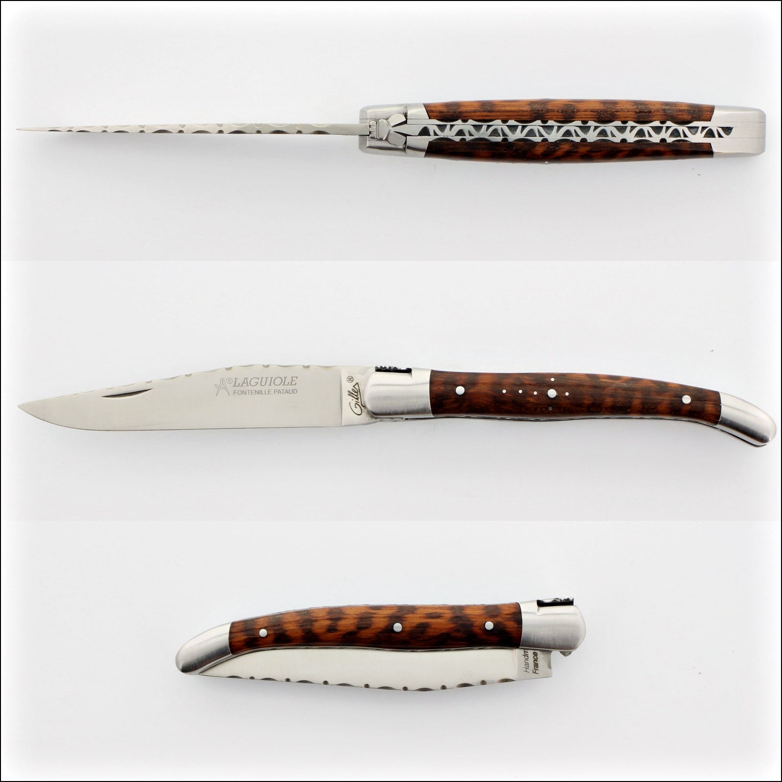 Laguiole Traditional Knife 11 cm Guilloche Amourette, top-down view of the open knife, showing the dark wood handle and serrated spine. Handcrafted details, 100% Made in France.