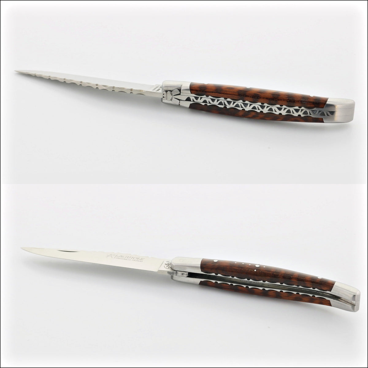 Laguiole Traditional Knife 11 cm Guilloche Amourette, close-up of the serrated blade and dark wood handle. Handcrafted details, 100% Made in France.