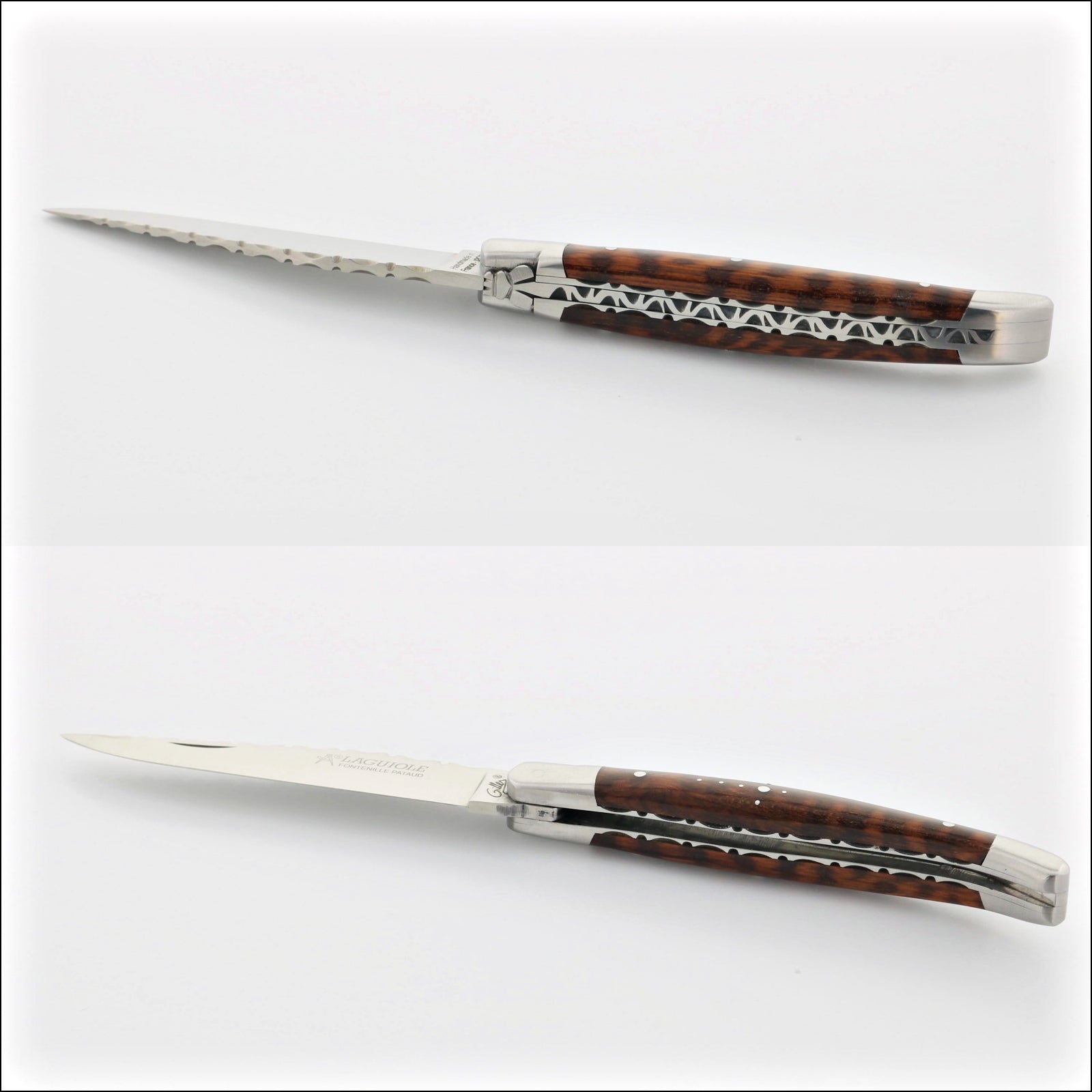Laguiole Traditional Knife 11 cm Guilloche Amourette, top-down view of the open knife, showing the dark wood handle and serrated spine. Handcrafted details, 100% Made in France.
