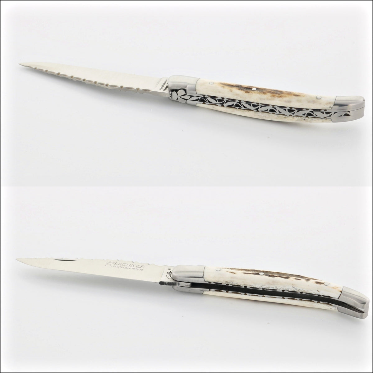 Laguiole Traditional Knife 11 cm Guilloche Deer Stag, close-up of the handle with intricate guilloche pattern. Handcrafted details, 100% Made in France.