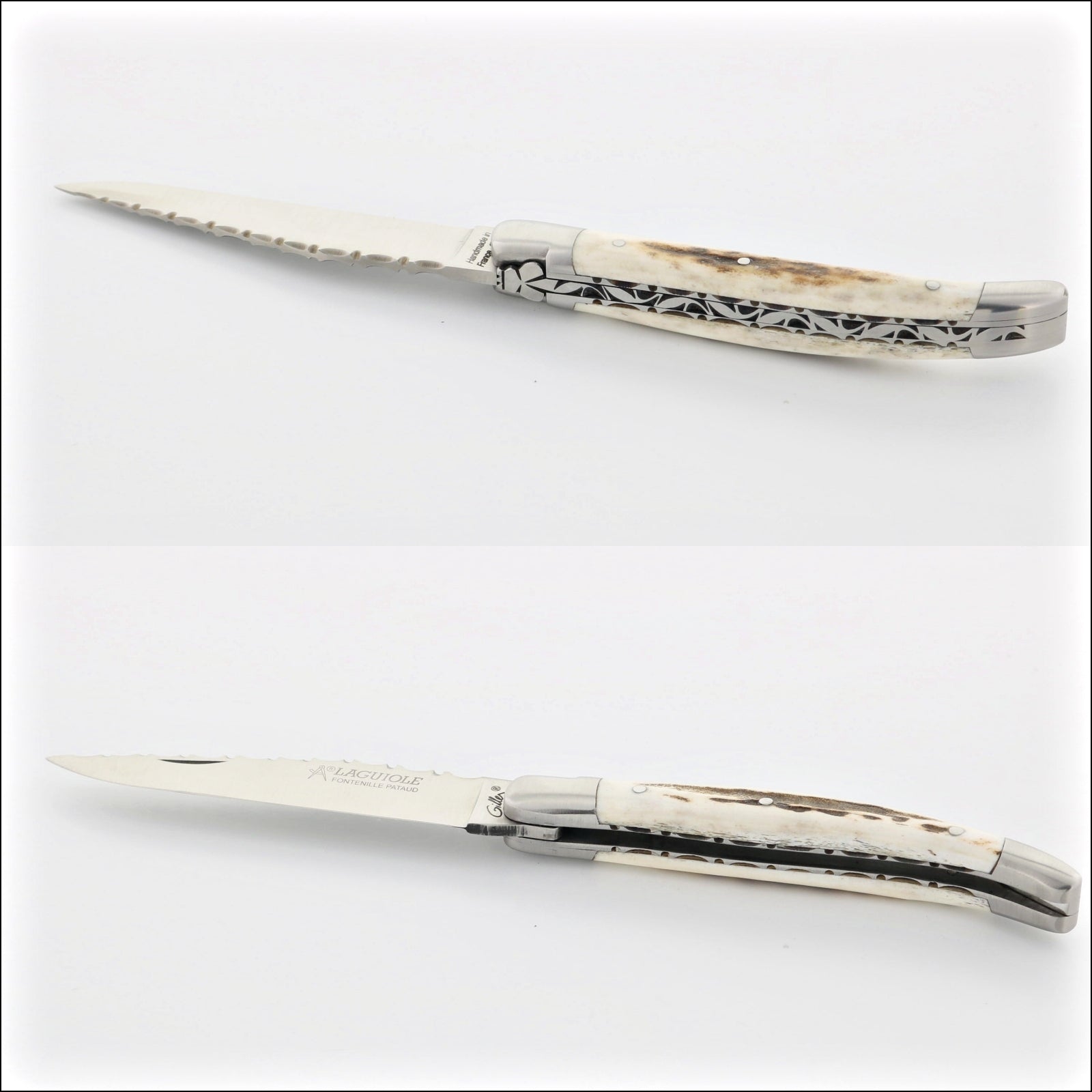Laguiole Traditional Knife 11 cm Guilloche Deer Stag, close-up side view of the open knife with a textured blade and a light brown stag horn handle. Handcrafted details, 100% Made in France.