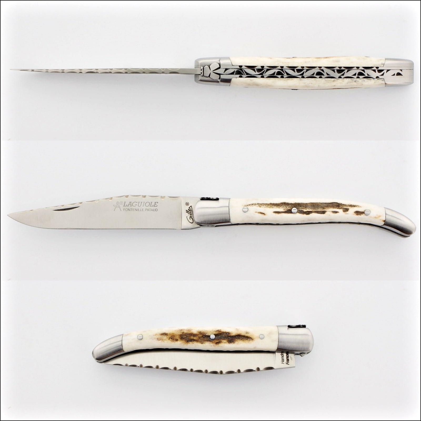 Laguiole Traditional Knife 11 cm Guilloche Deer Stag, close-up side view of the open knife with a textured blade and a light brown stag horn handle. Handcrafted details, 100% Made in France.