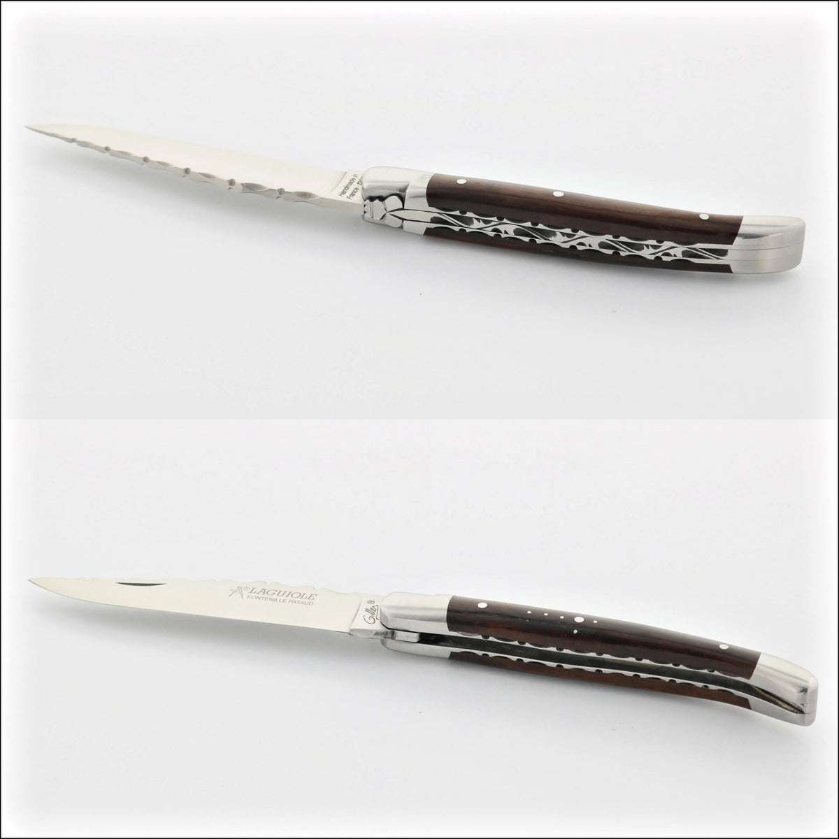Laguiole Traditional Knife 11 cm Guilloche Desert Ironwood, side view of open and closed knife. Handcrafted details, 100% Made in France.