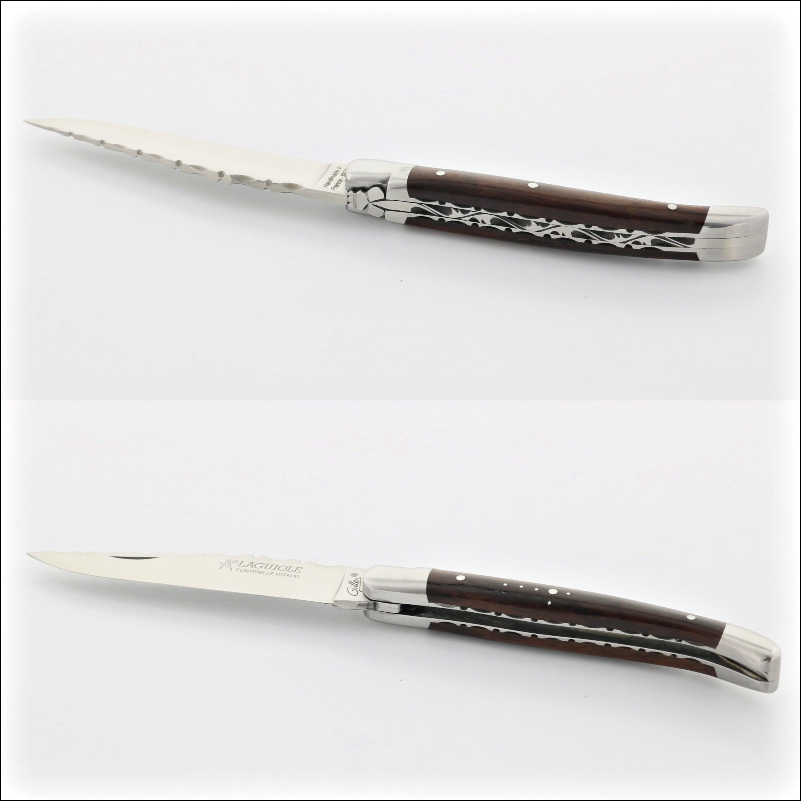 Laguiole Traditional Knife 11 cm. Top-down view of the open knife, showing the dark desert ironwood handle with guilloche pattern and the decorative blade. Handcrafted details, 100% Made in France.