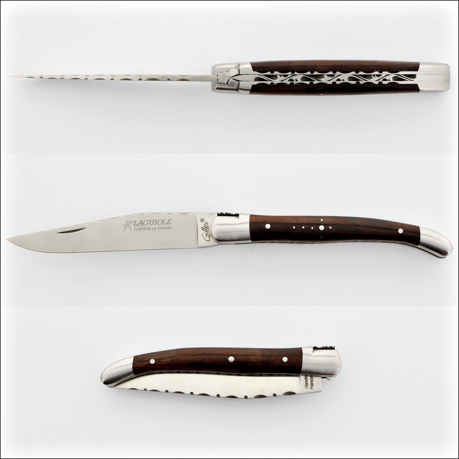 Laguiole Traditional Knife 11 cm. Top-down view of the open knife, showing the dark desert ironwood handle with guilloche pattern and the decorative blade. Handcrafted details, 100% Made in France.