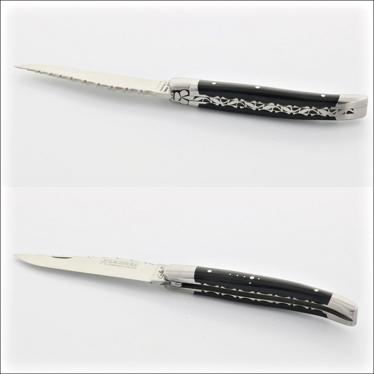 Laguiole Traditional Knife 11 cm Guilloche Ebony, close-up of the handle. Handcrafted details, 100% Made in France.