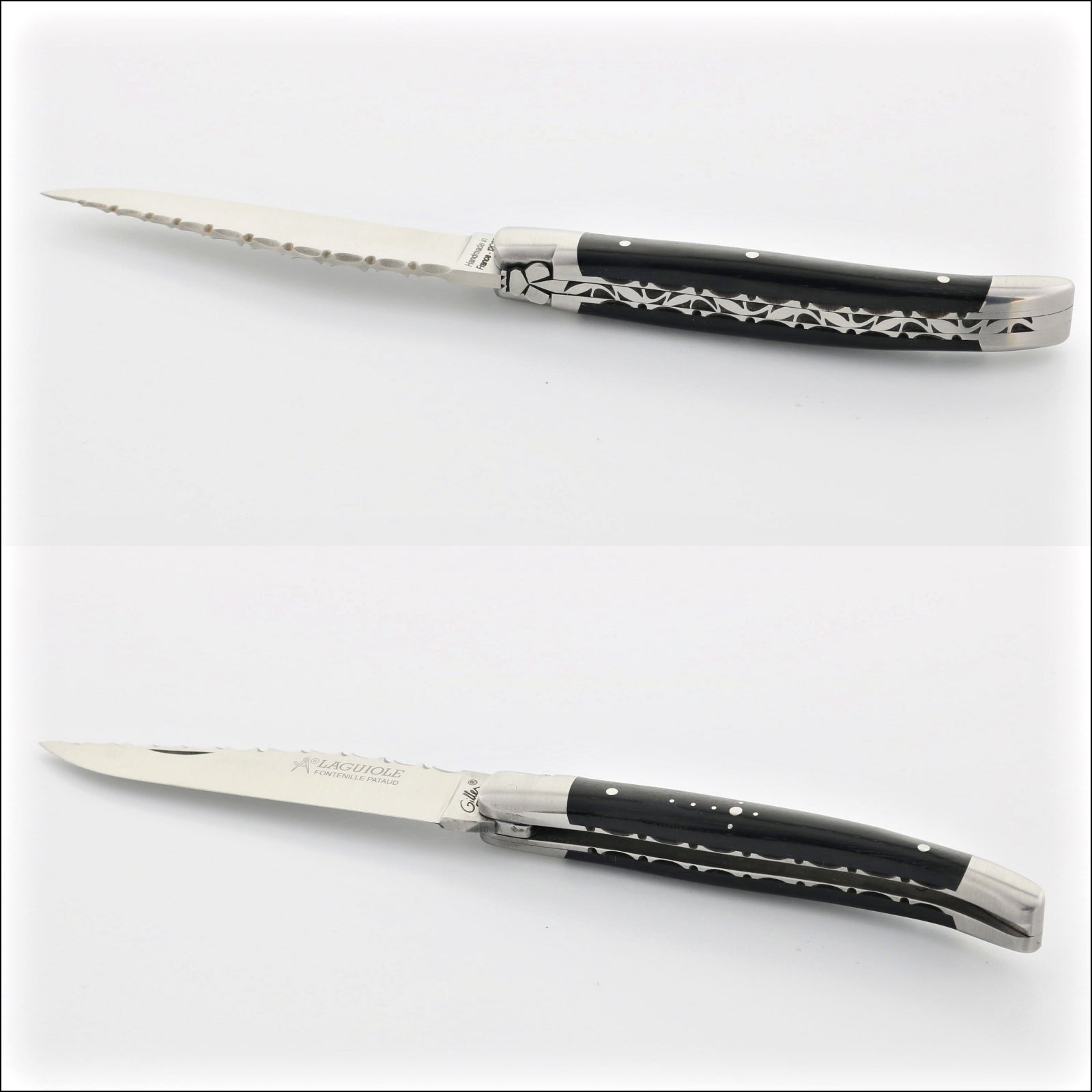 Laguiole Traditional Knife 11 cm Guilloche Ebony. Top-down view of the open knife, showing the detailed blade and handle. Handcrafted details, 100% Made in France.
