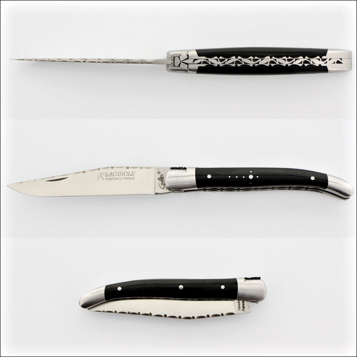 Laguiole Traditional Knife 11 cm Guilloche Ebony. Top-down view of the open knife, showing the detailed blade and handle. Handcrafted details, 100% Made in France.