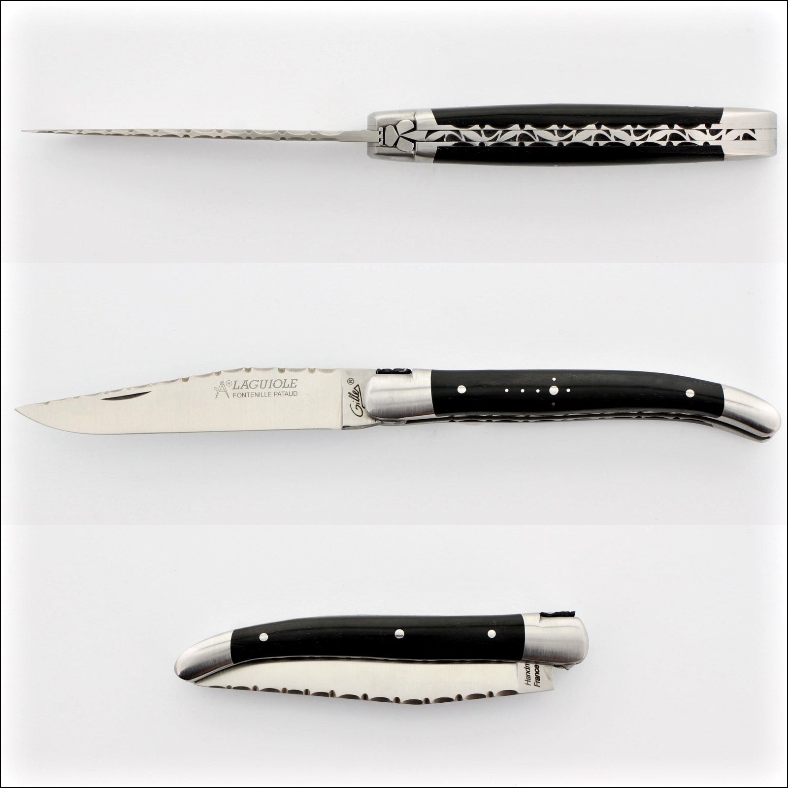 Laguiole Traditional Knife 11 cm Guilloche Ebony. Top-down view of the open knife, showing the detailed blade and handle. Handcrafted details, 100% Made in France.