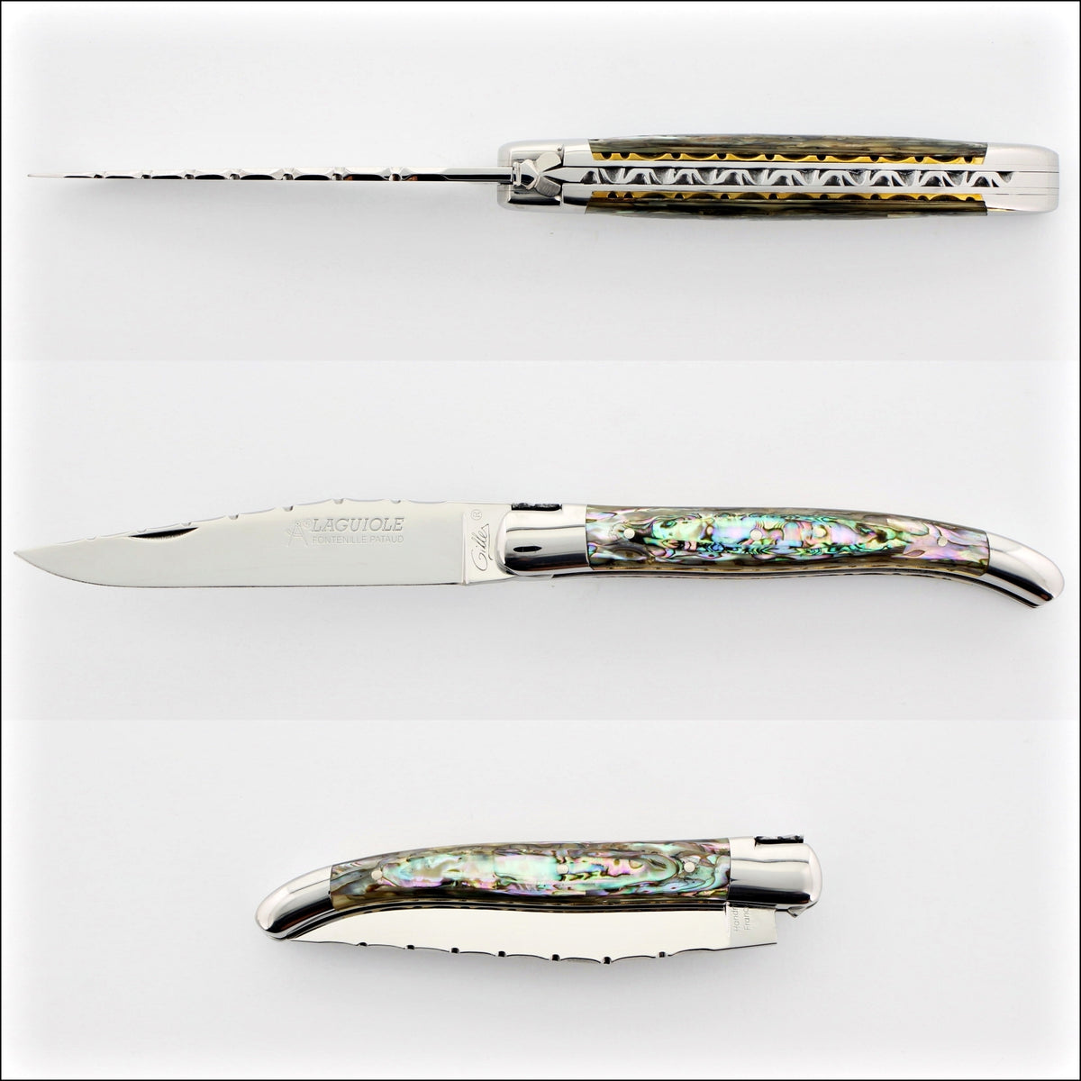 Laguiole Traditional Knife 11 cm Guilloche Mother of Pearl, side view of open knife. Handcrafted details, 100% Made in France.