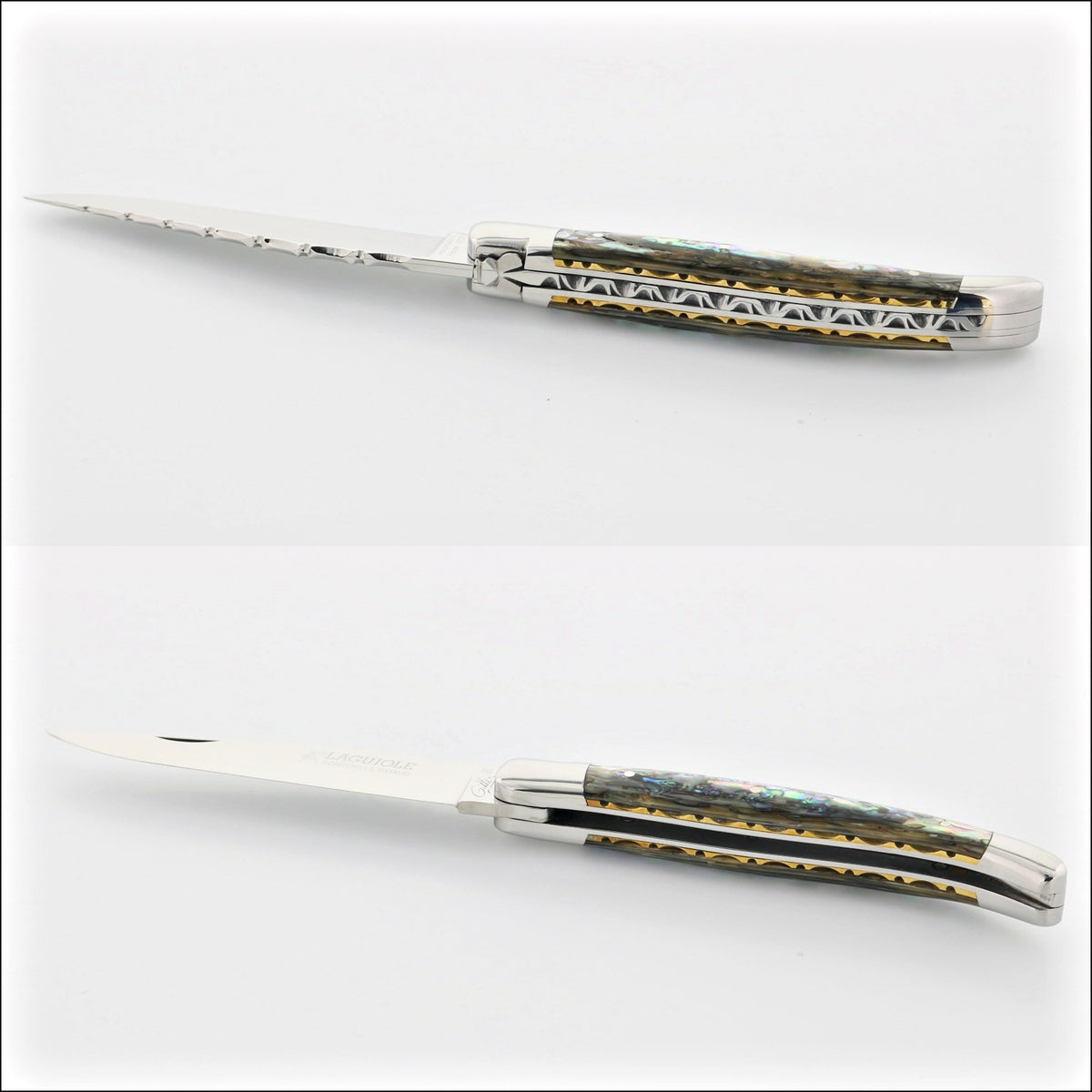 Laguiole Traditional Knife 11 cm, close-up of the guilloche mother of pearl handle. Handcrafted details, 100% Made in France.