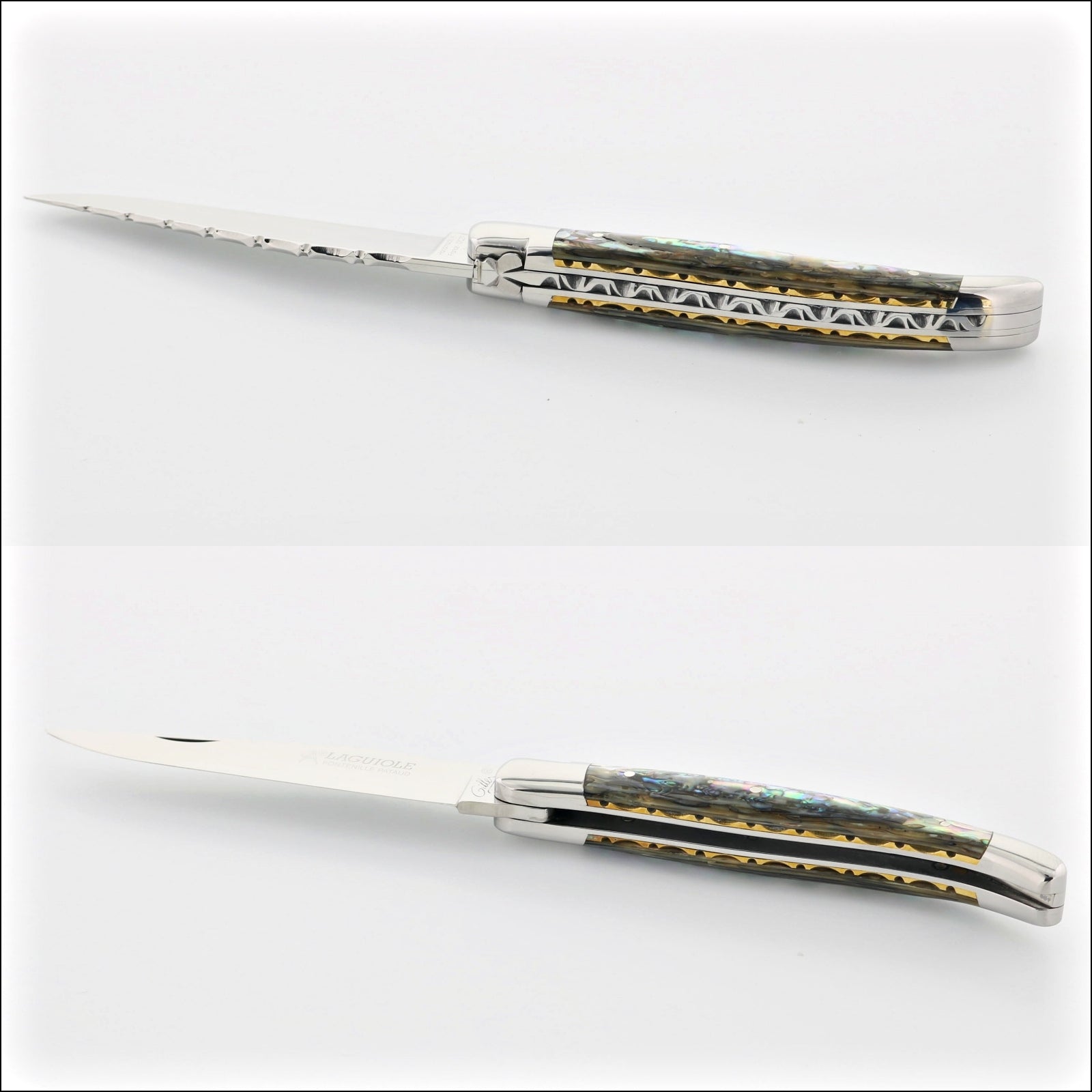 Laguiole Traditional Knife 11 cm Guilloche Mother of Pearl, side view of open knife. Handcrafted details, 100% Made in France.