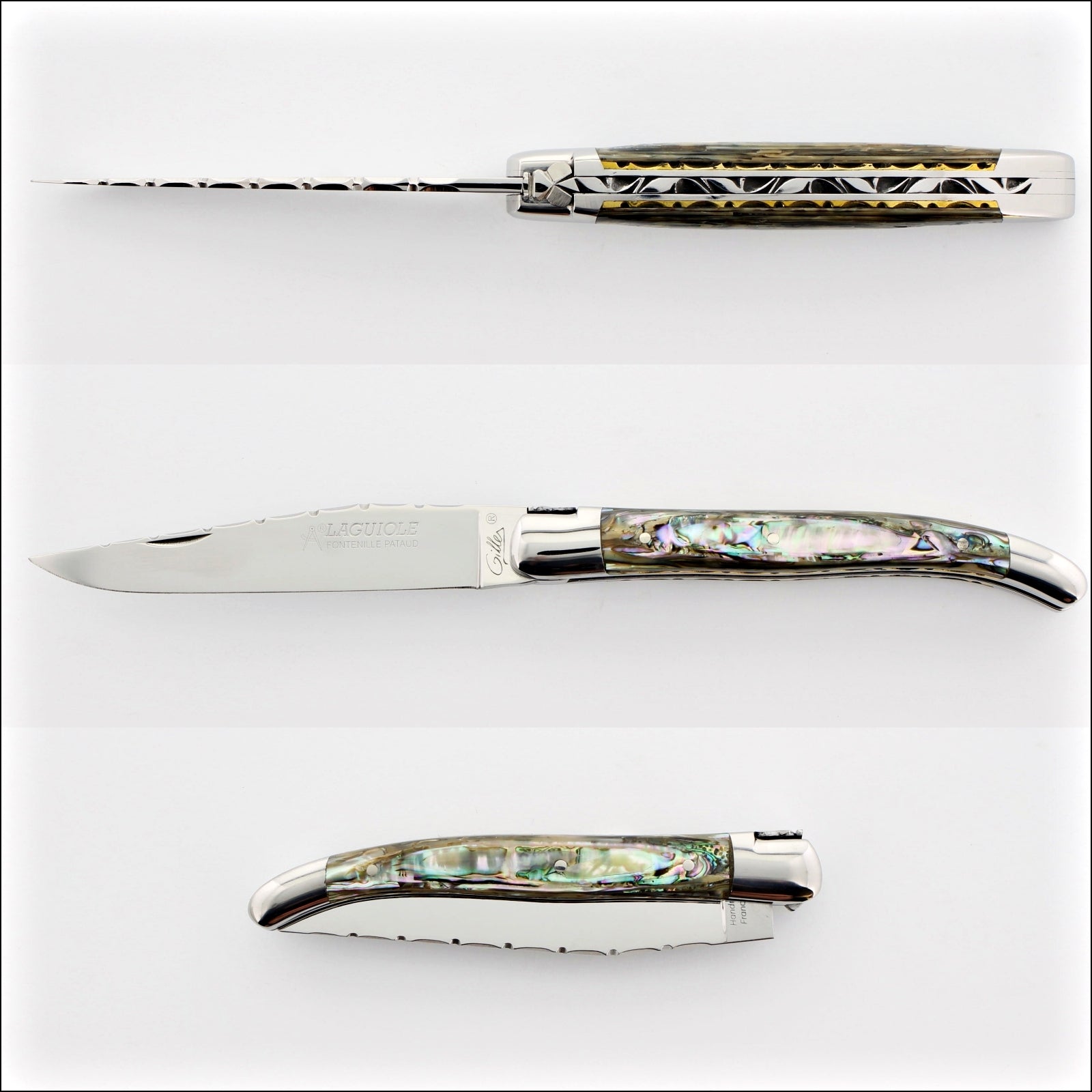 Laguiole Traditional Knife 11 cm Guilloche Mother of Pearl, top-down view of the handle and blade. Handcrafted details, 100% Made in France.