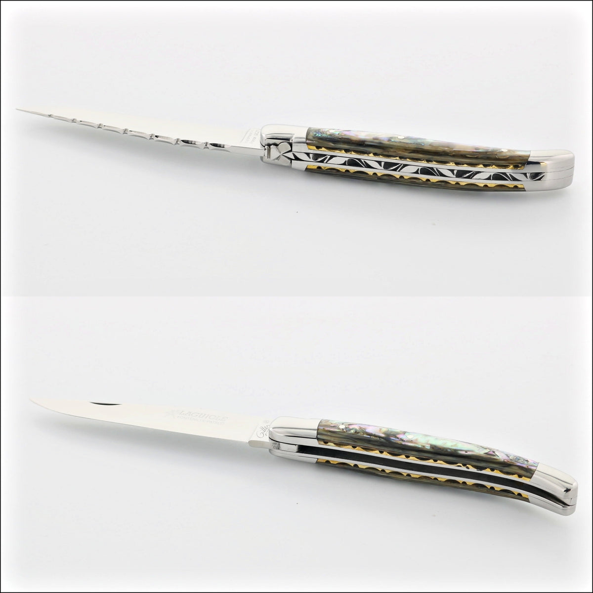 Laguiole Traditional Knife 11 cm Guilloche Mother of Pearl, close-up of the open knife with iridescent handle. Handcrafted details, 100% Made in France.