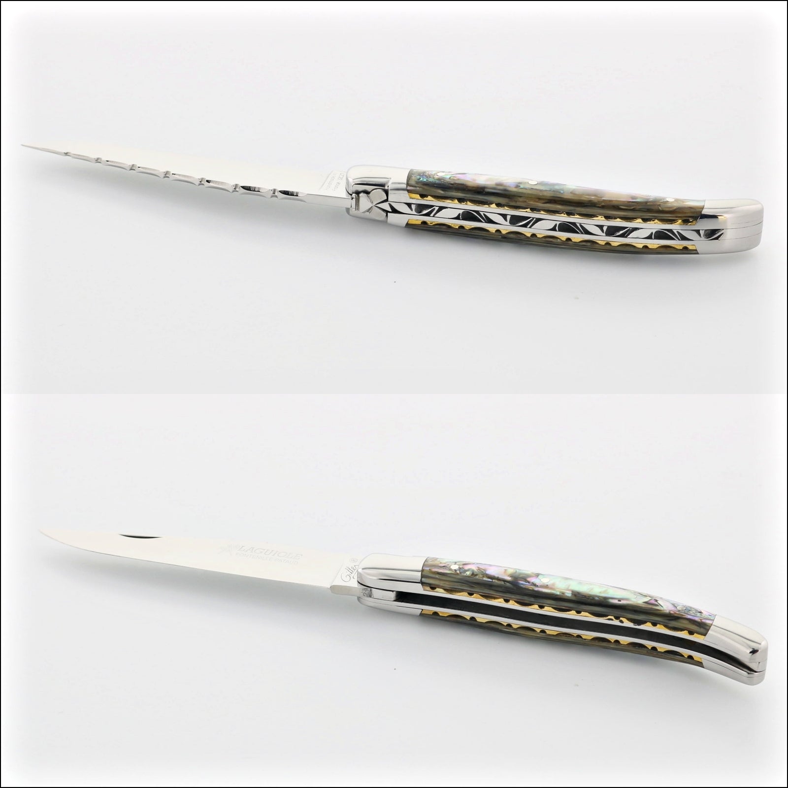 Laguiole Traditional Knife 11 cm Guilloche Mother of Pearl, top-down view of the handle and blade. Handcrafted details, 100% Made in France.